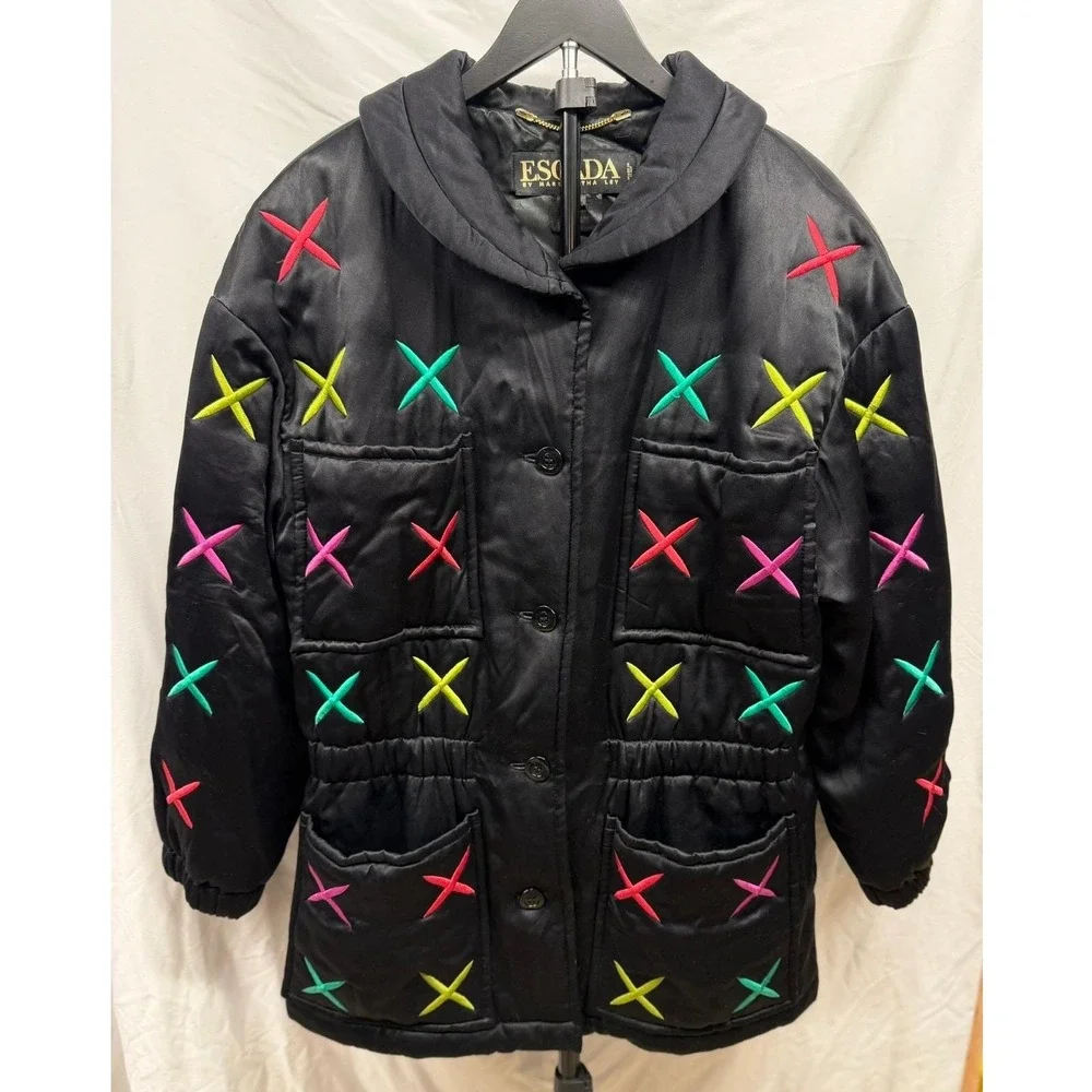 Vintage 80's Escada Women's‎ 100% Silk Retro Colorful Quilted Satin Puffer Coat - Picture 4 of 13